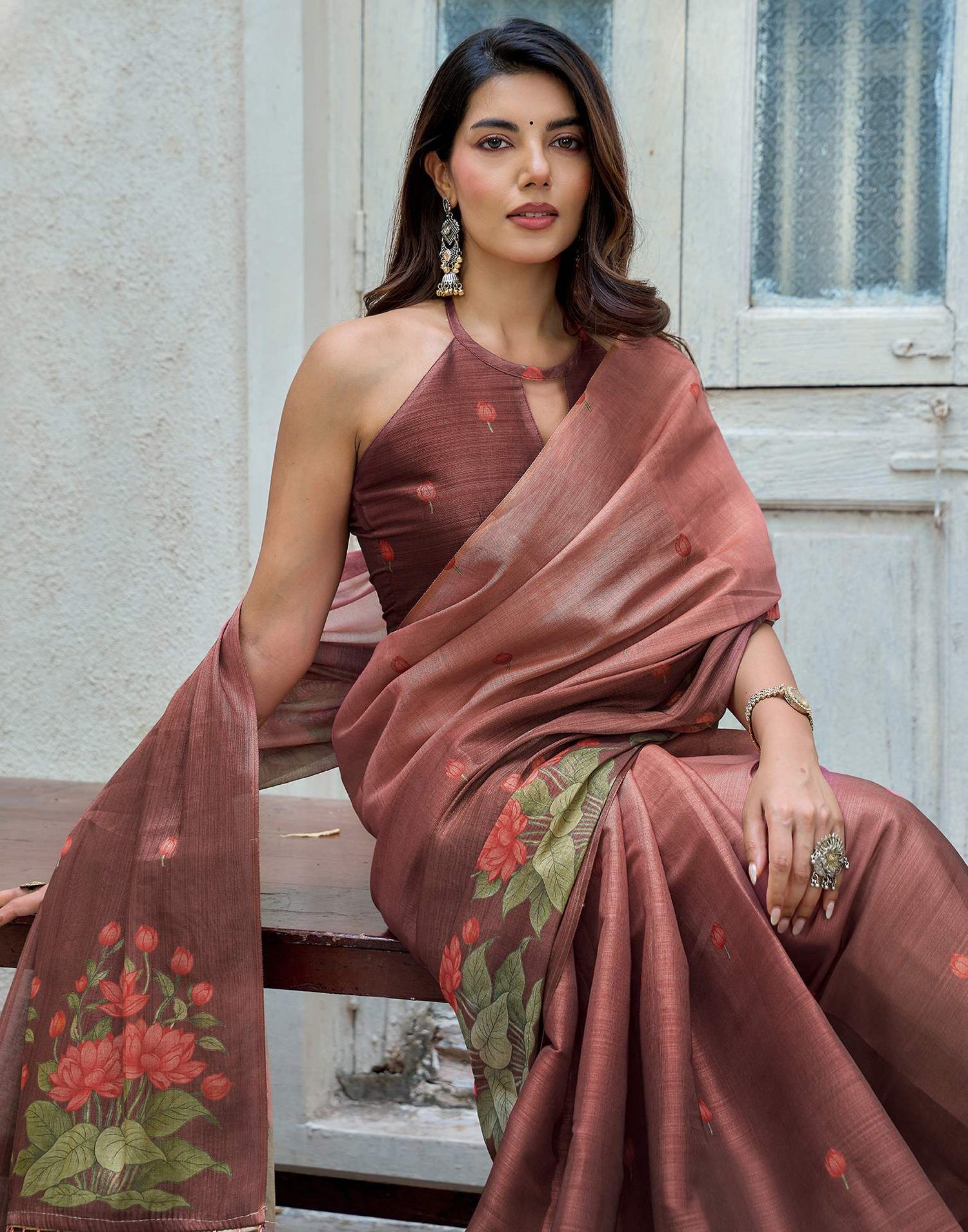 Dusty Rose Pink Shimmer Silk Printed Saree