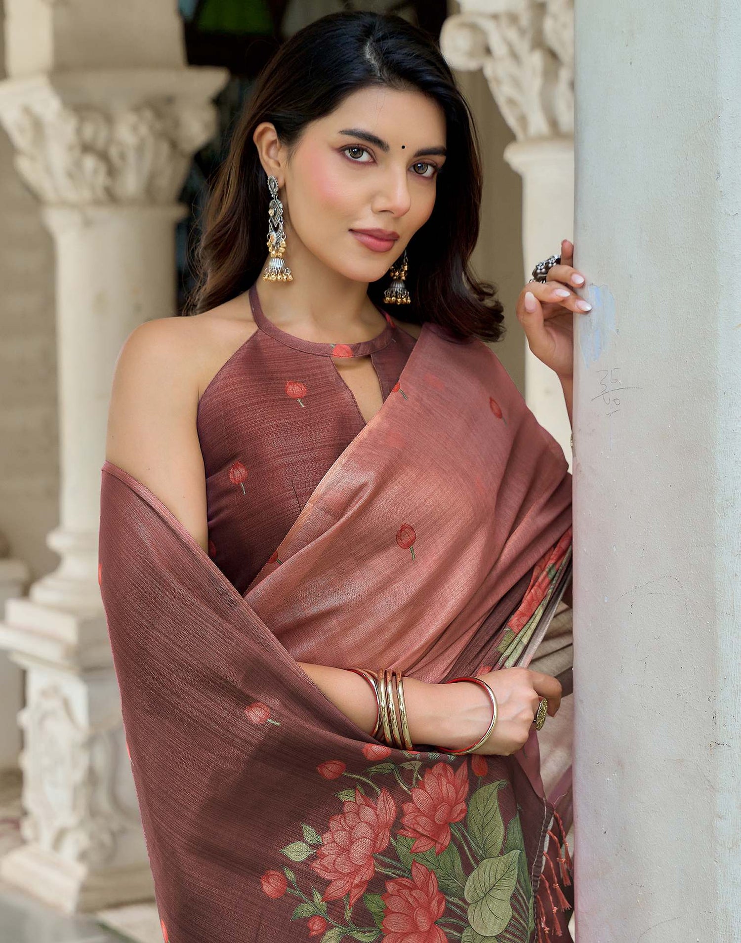 Dusty Rose Pink Shimmer Silk Printed Saree