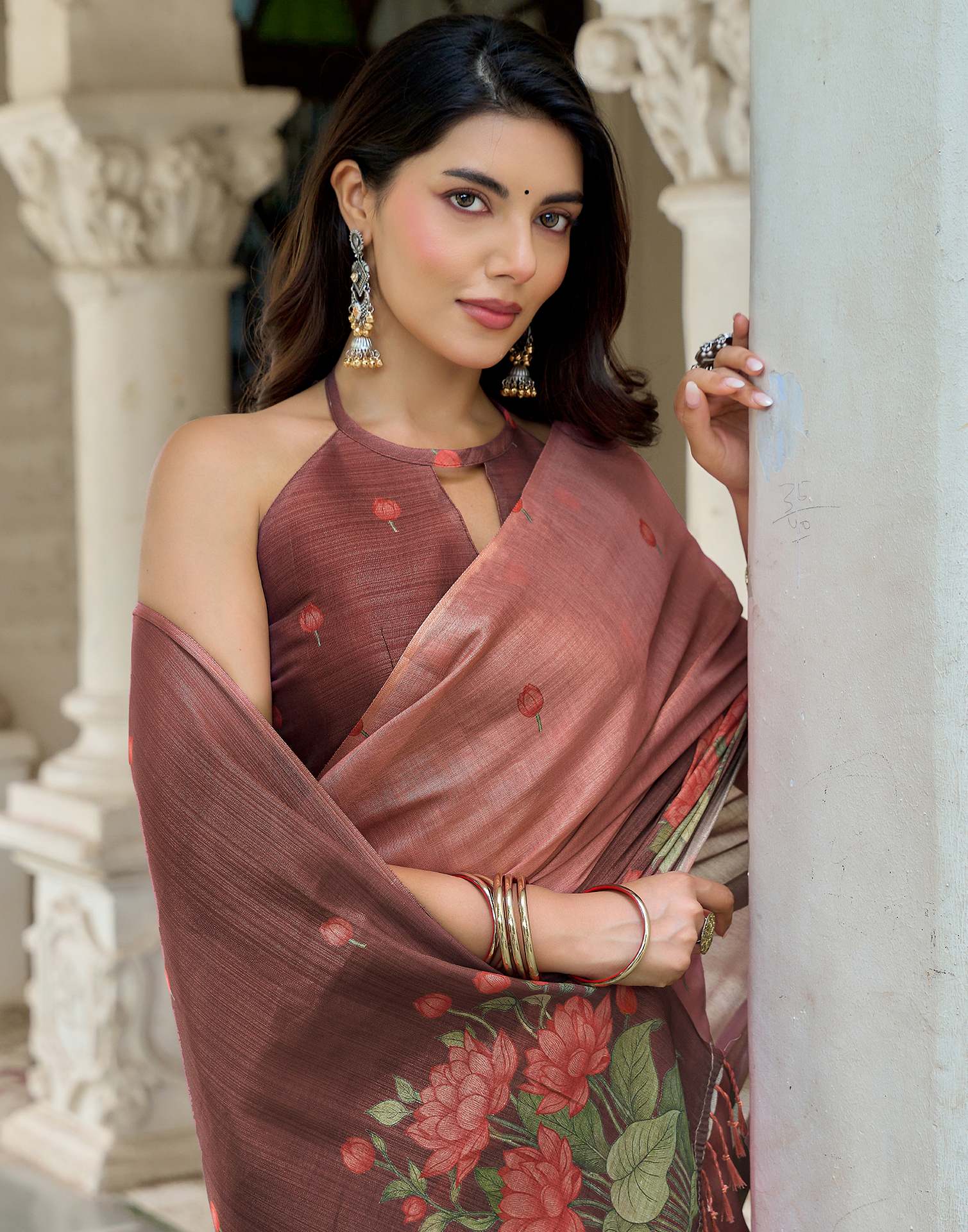 Dusty Rose Pink Shimmer Silk Printed Saree