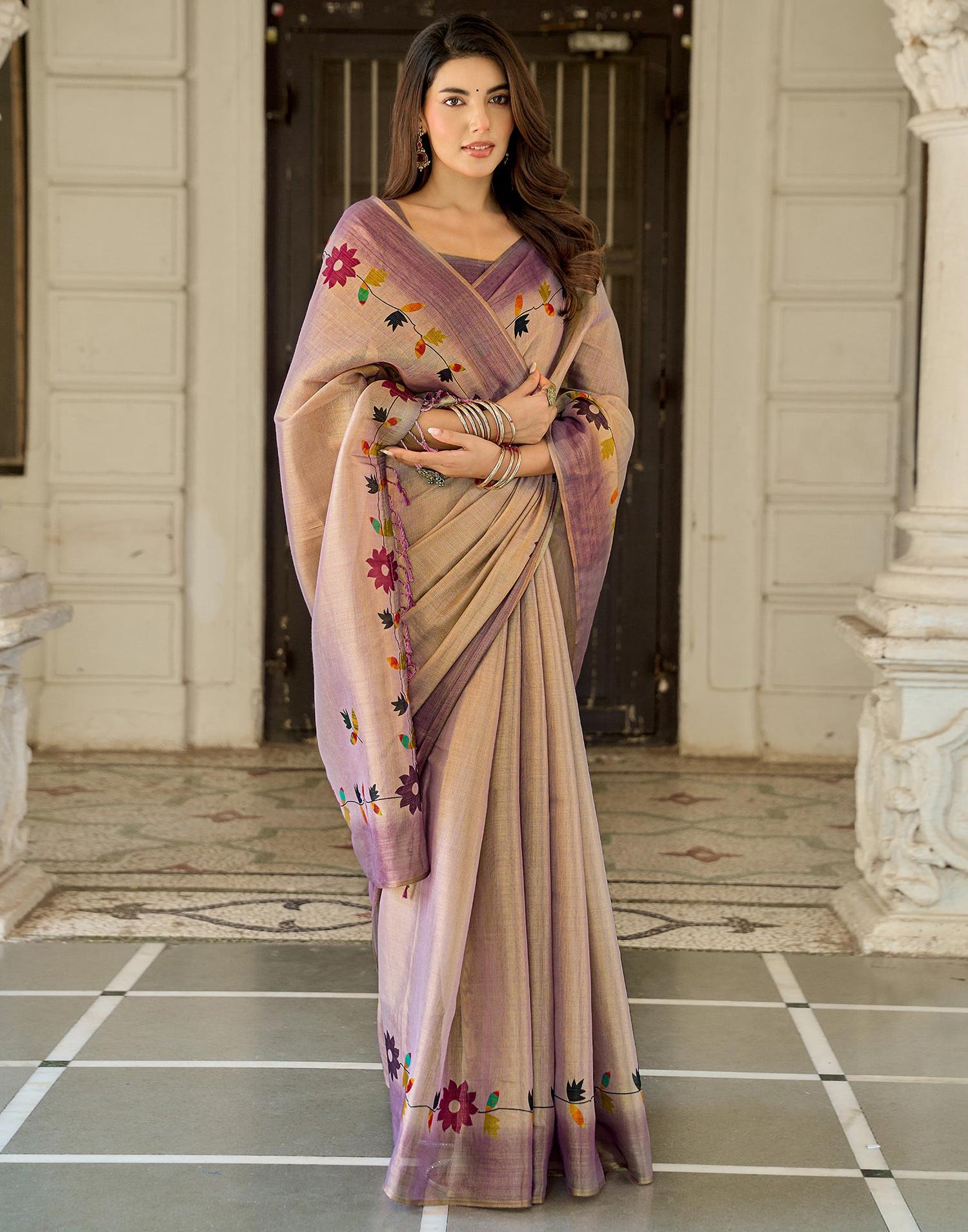 Dusty Mauve Shimmer Silk Printed Saree