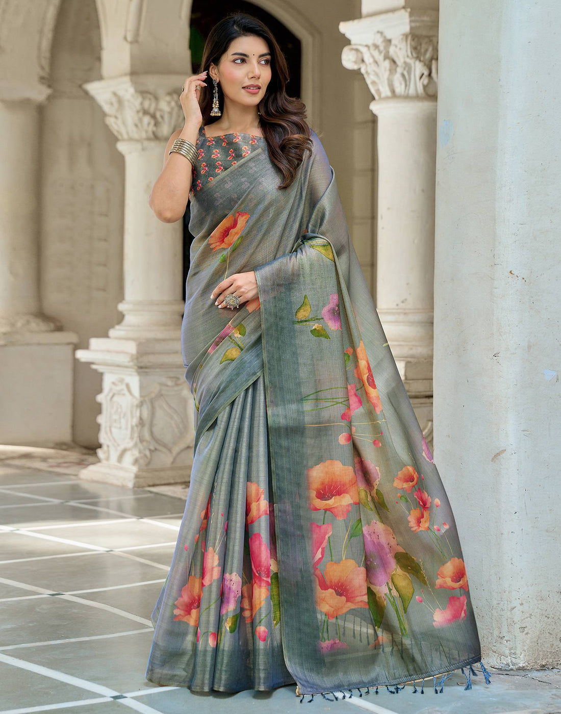 Dusty Blue Shimmer Silk Printed Saree