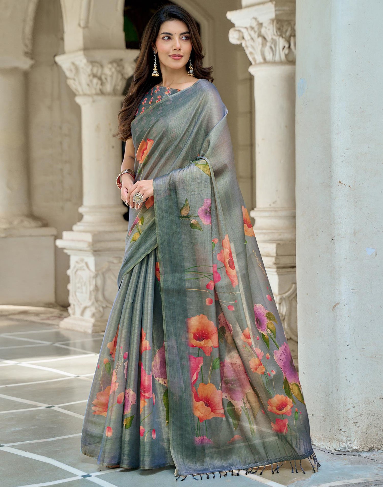 Dusty Blue Shimmer Silk Printed Saree