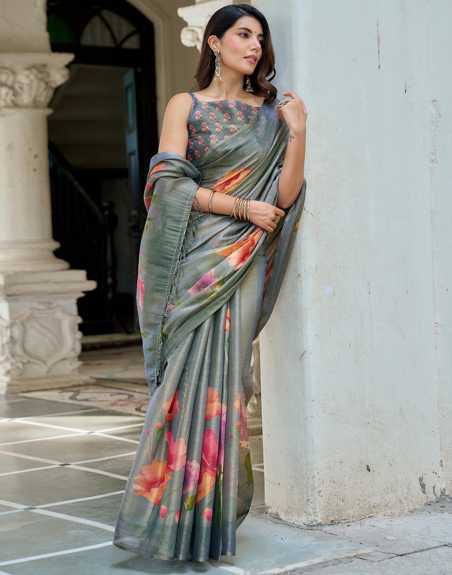 Dusty Blue Shimmer Silk Printed Saree