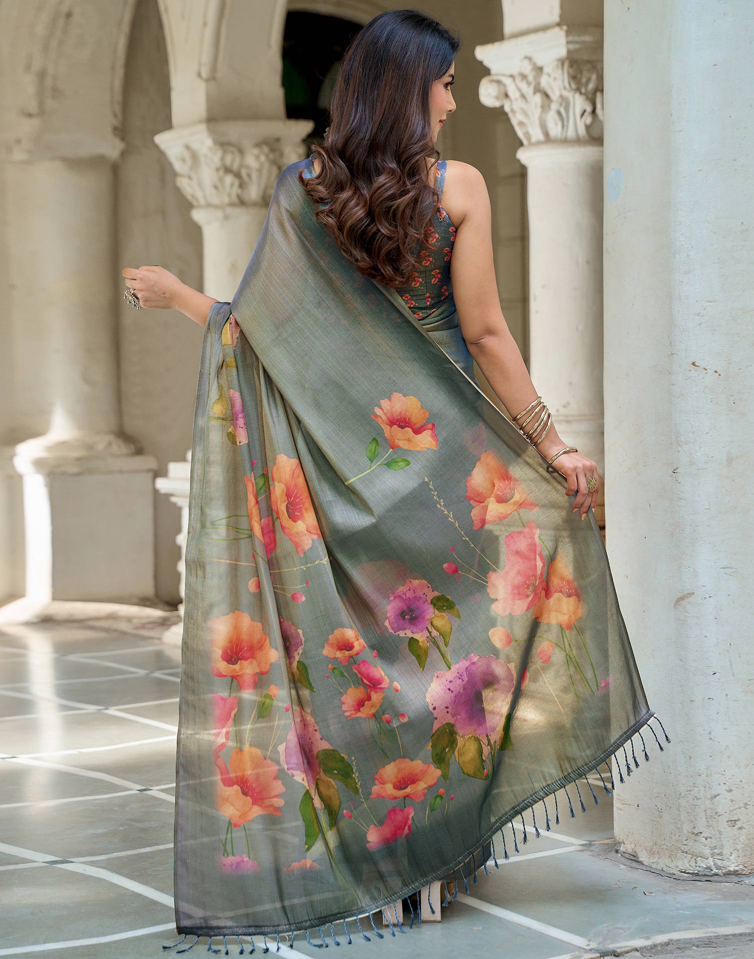 Dusty Blue Shimmer Silk Printed Saree