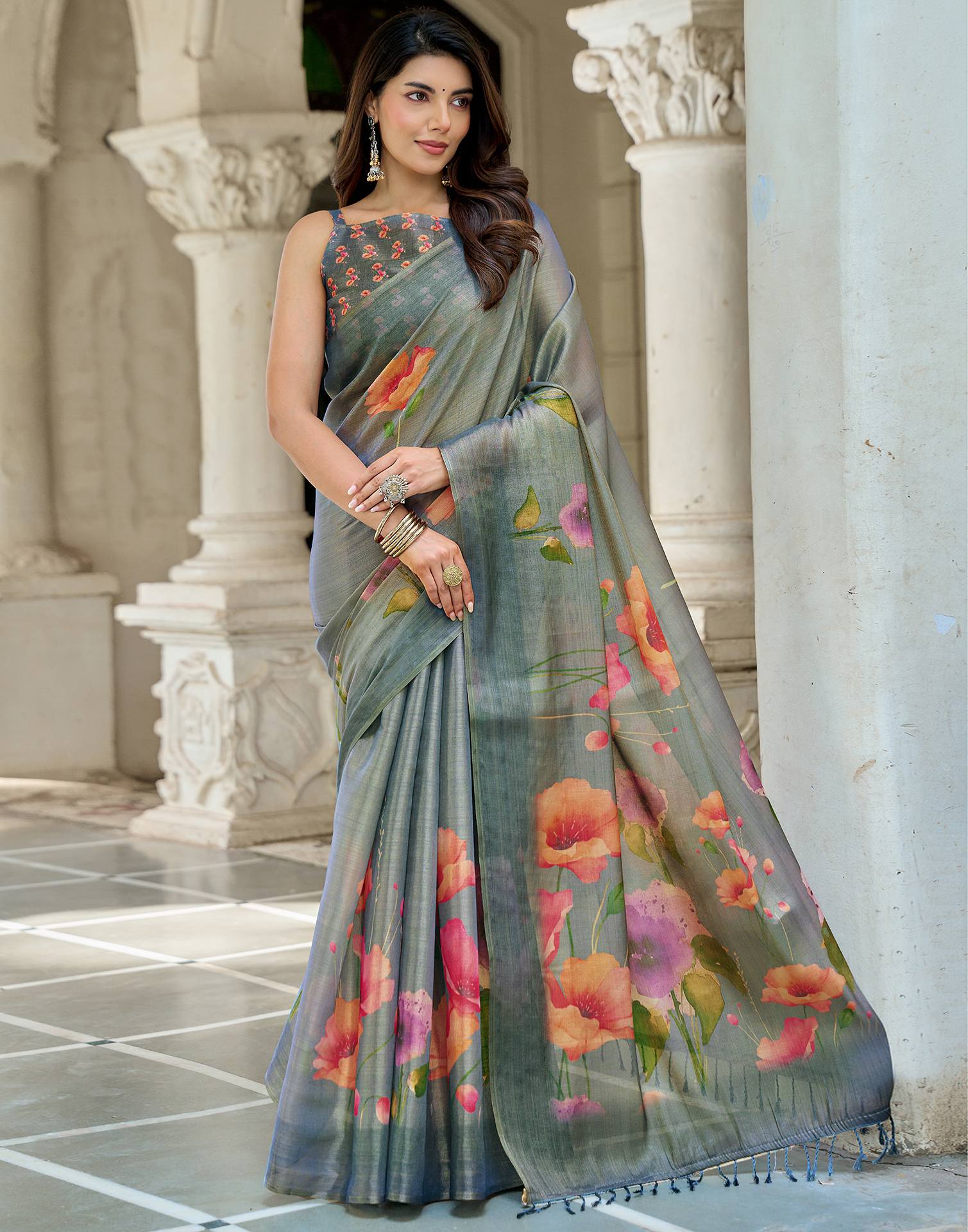 Dusty Blue Shimmer Silk Printed Saree