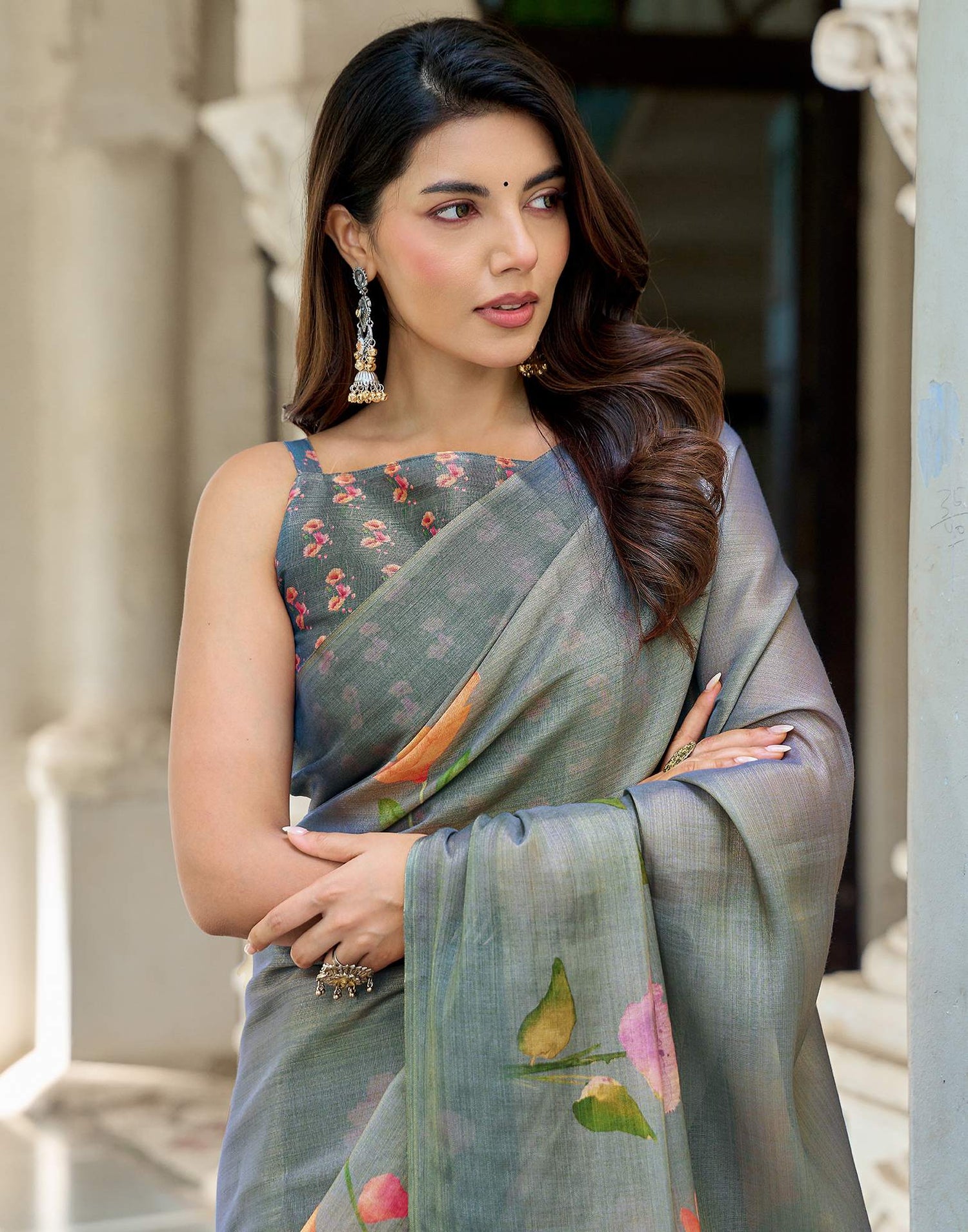 Dusty Blue Shimmer Silk Printed Saree