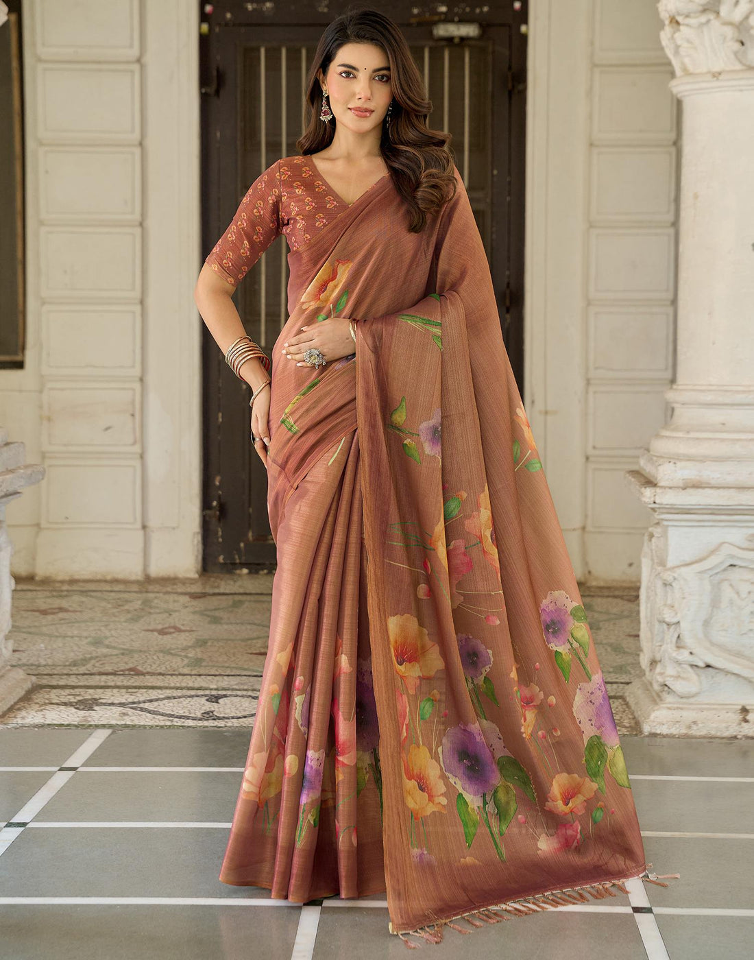 Rust Shimmer Silk Printed Saree