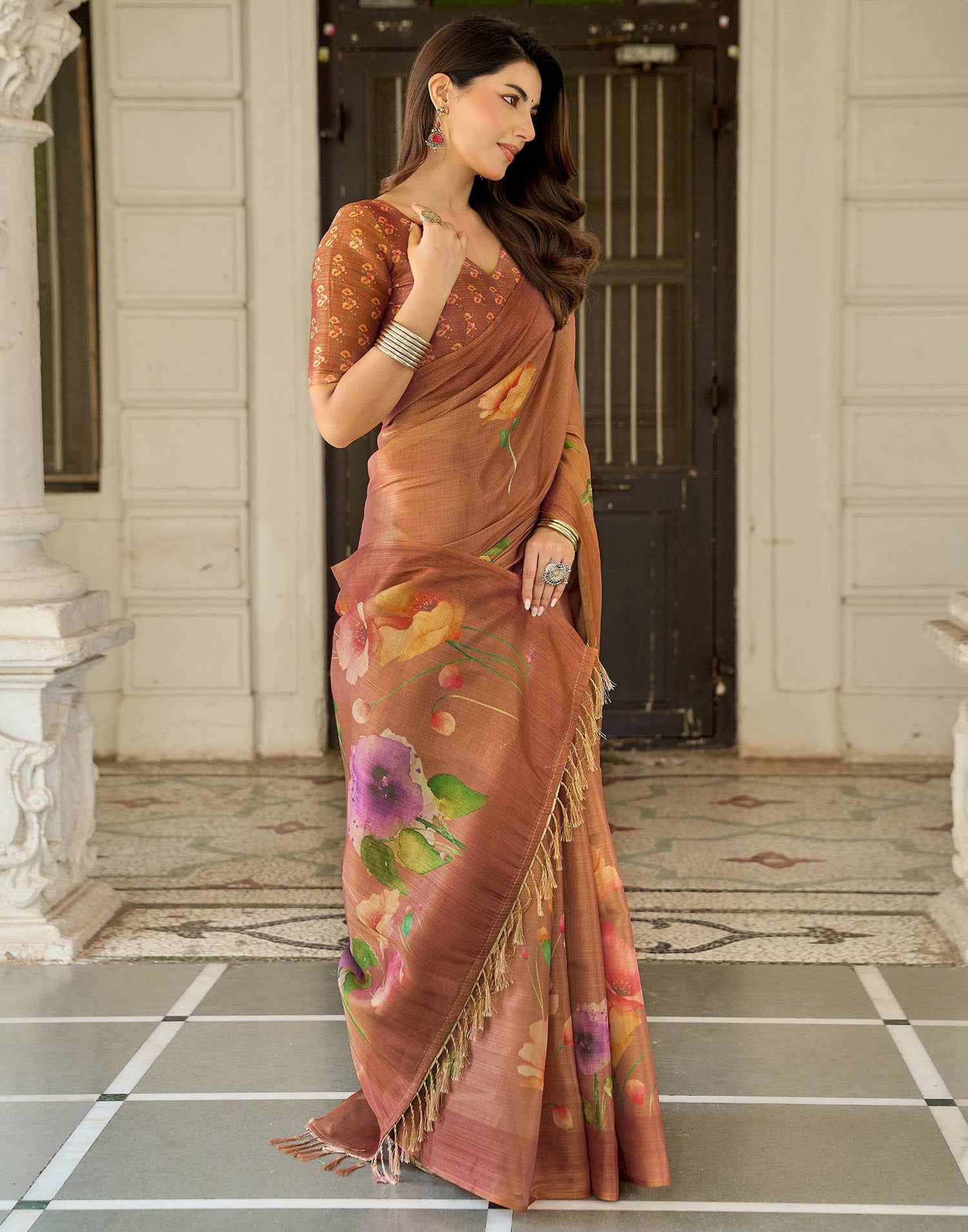 Rust Shimmer Silk Printed Saree