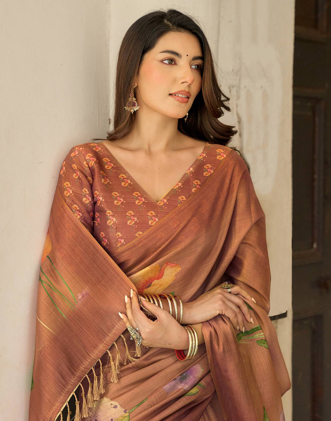 Rust Shimmer Silk Printed Saree