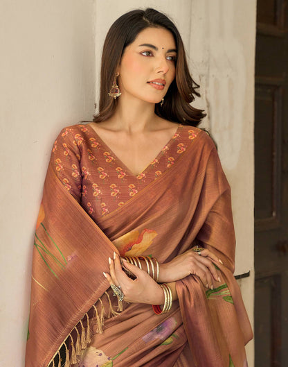Rust Shimmer Silk Printed Saree