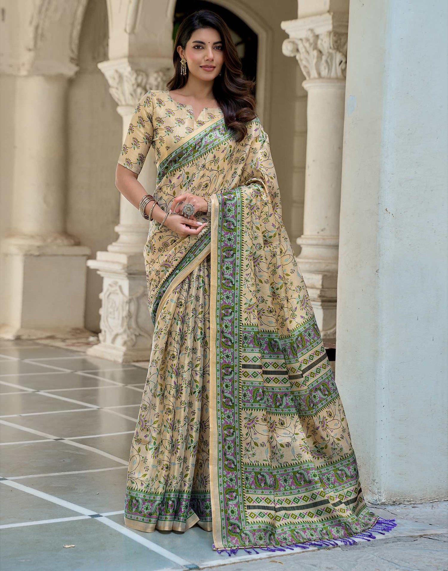 Beige Shimmer Silk Printed Saree