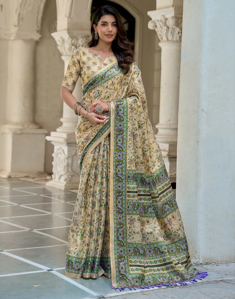 Beige Shimmer Silk Printed Saree