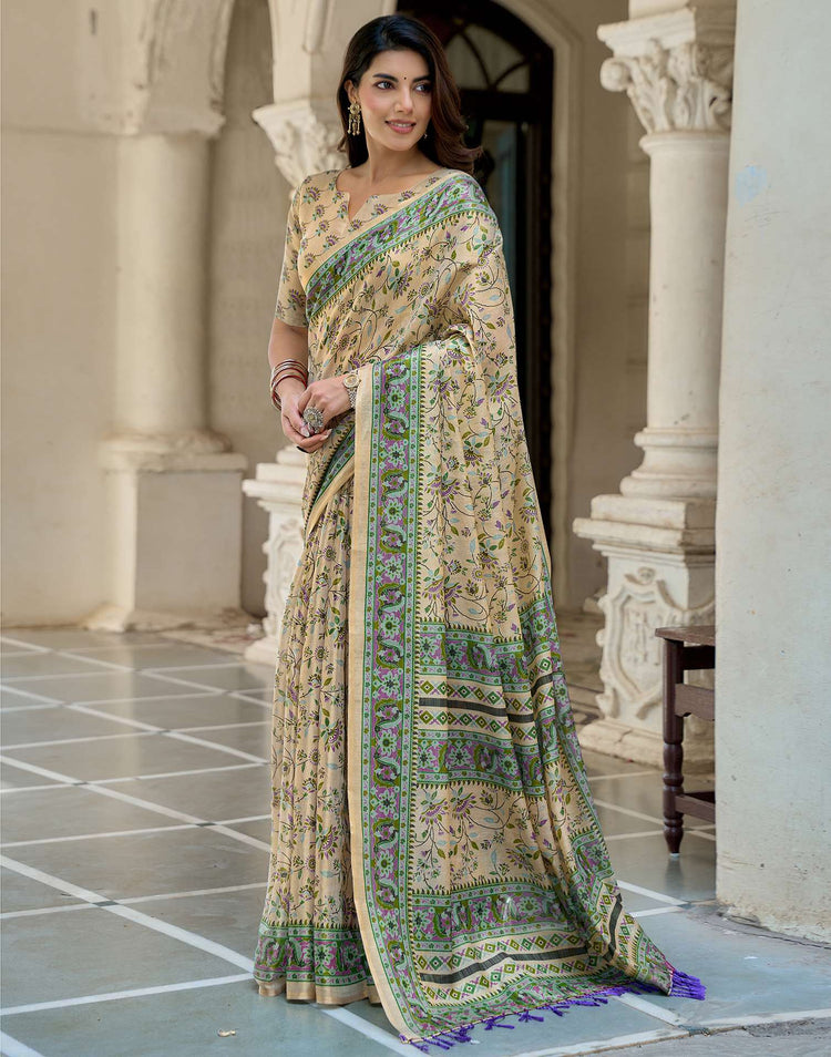 Beige Shimmer Silk Printed Saree