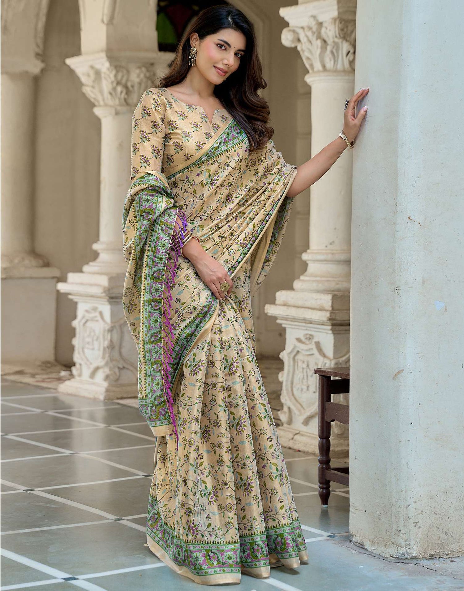 Beige Shimmer Silk Printed Saree