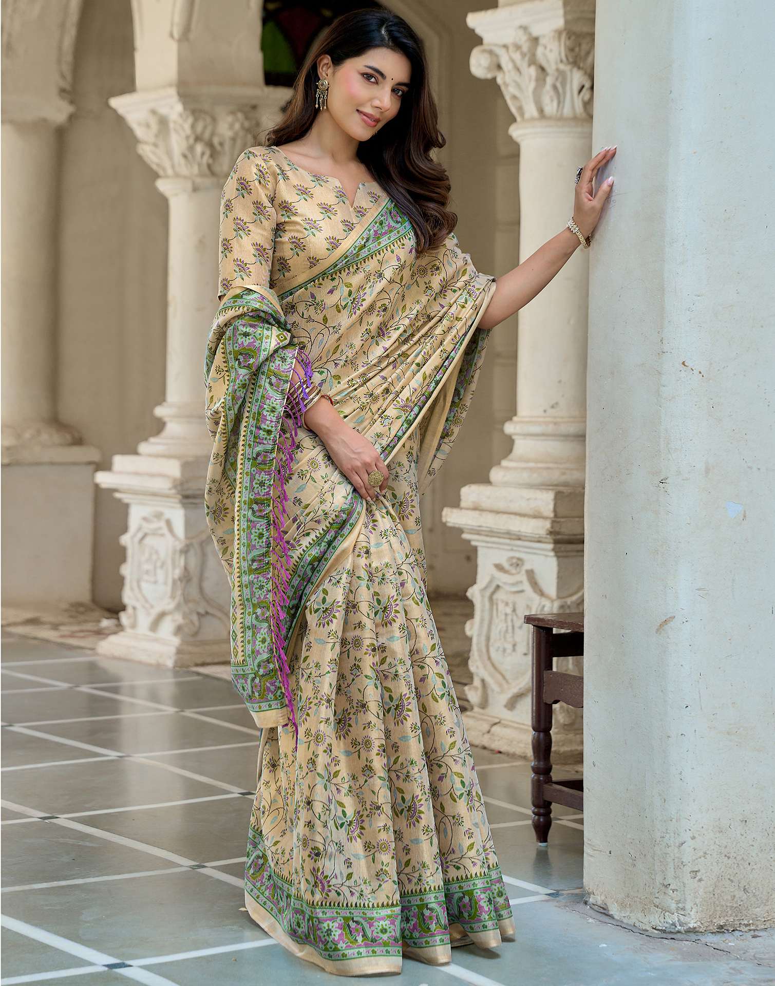 Beige Shimmer Silk Printed Saree