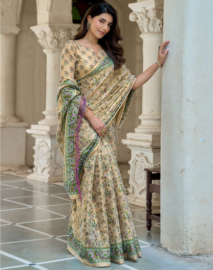 Beige Shimmer Silk Printed Saree