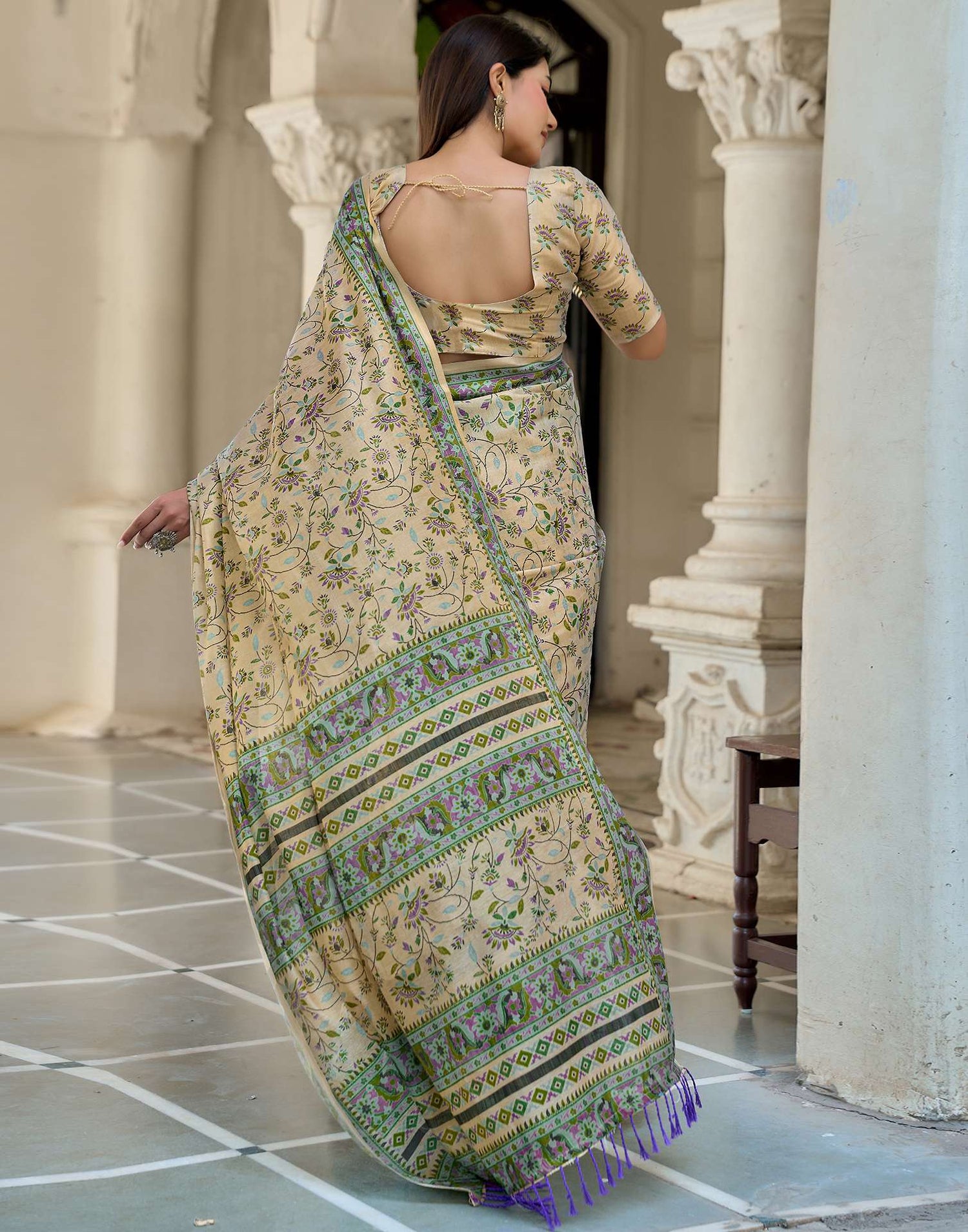 Beige Shimmer Silk Printed Saree