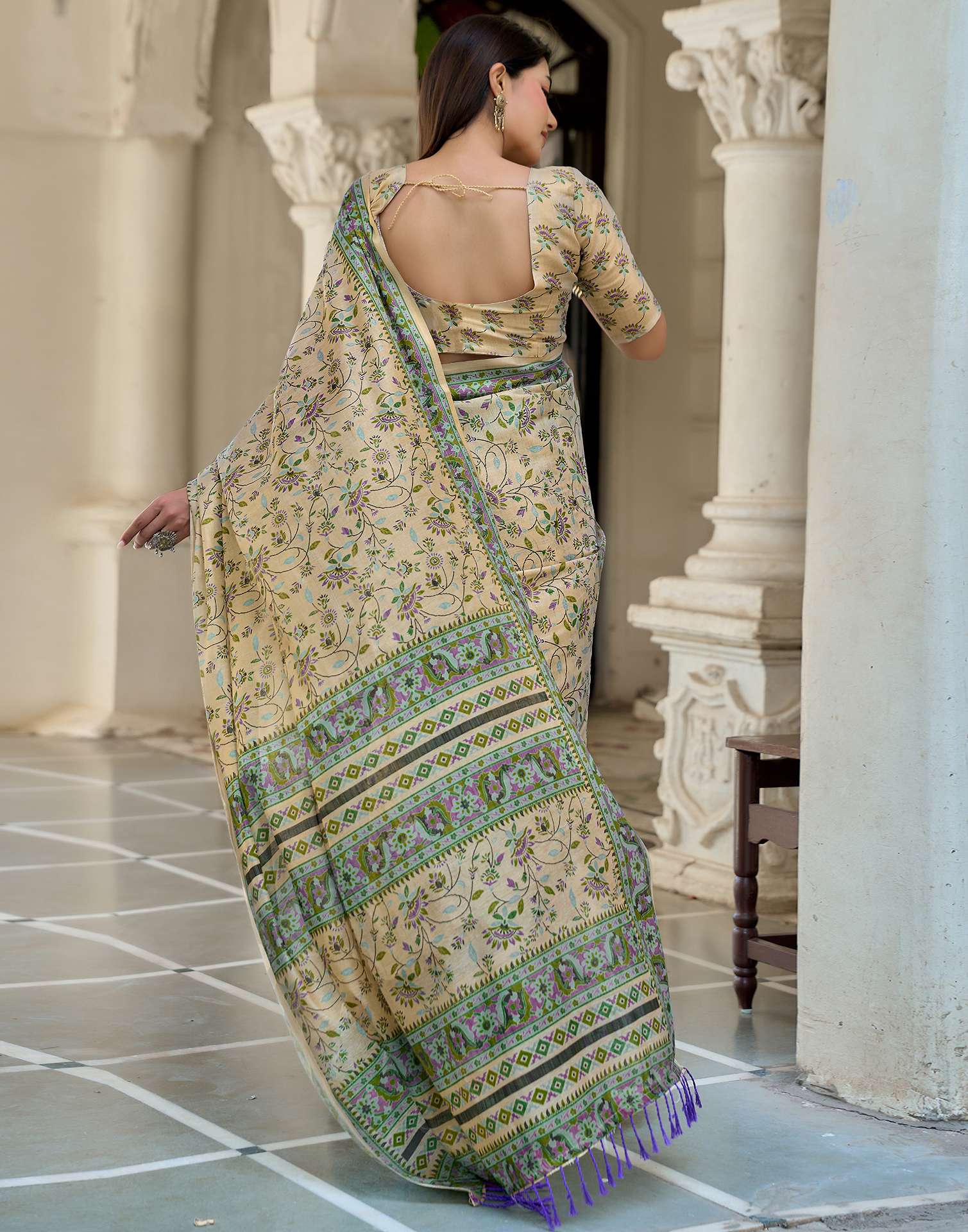 Beige Shimmer Silk Printed Saree