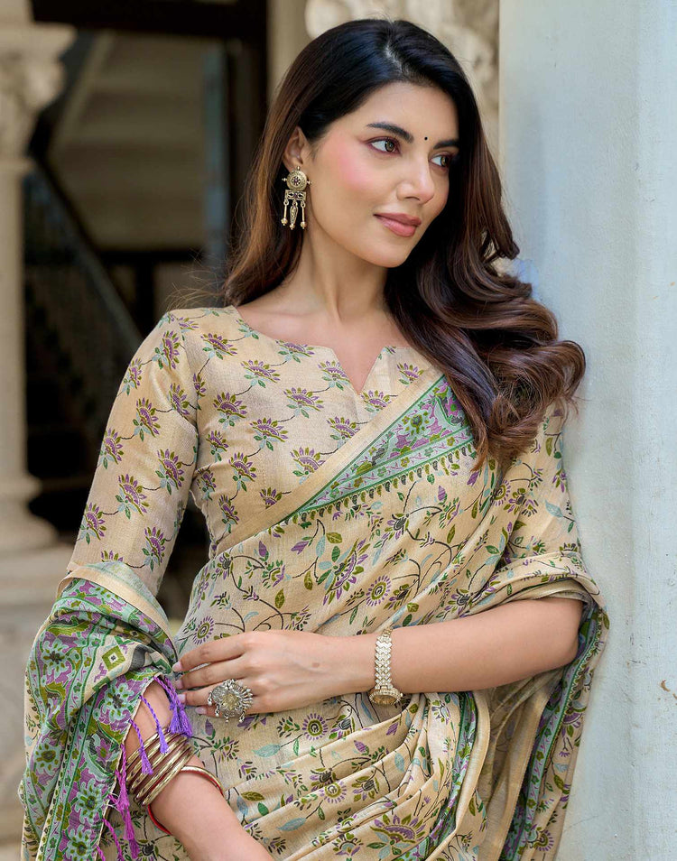 Beige Shimmer Silk Printed Saree