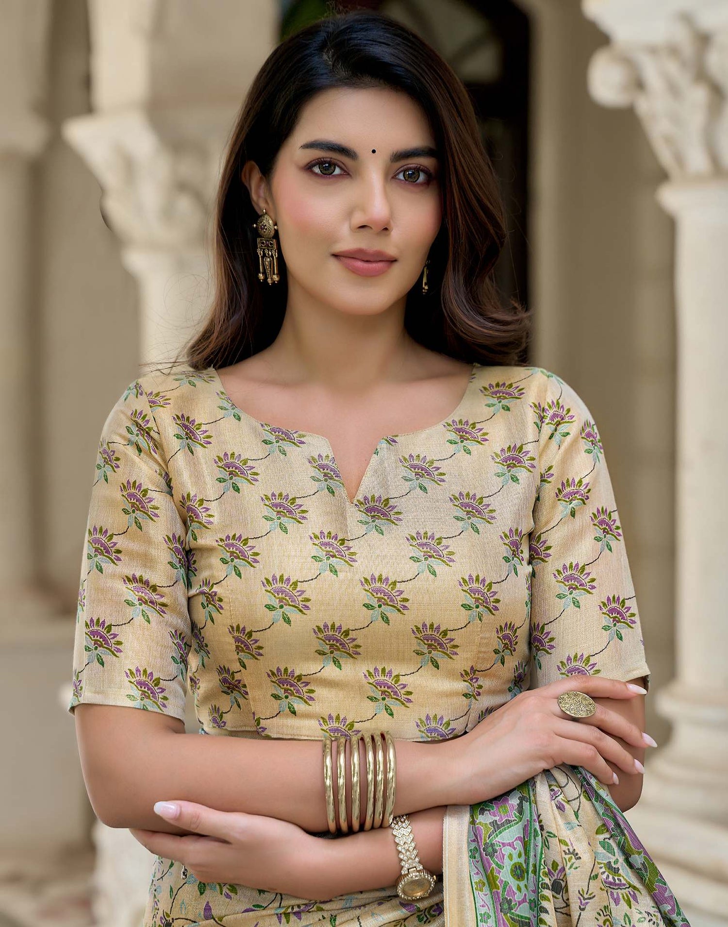 Beige Shimmer Silk Printed Saree