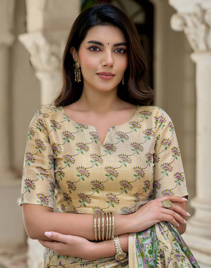 Beige Shimmer Silk Printed Saree