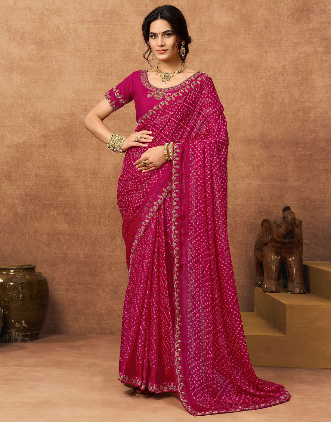 Pink Chiffon Bandhani Printed Lace Saree