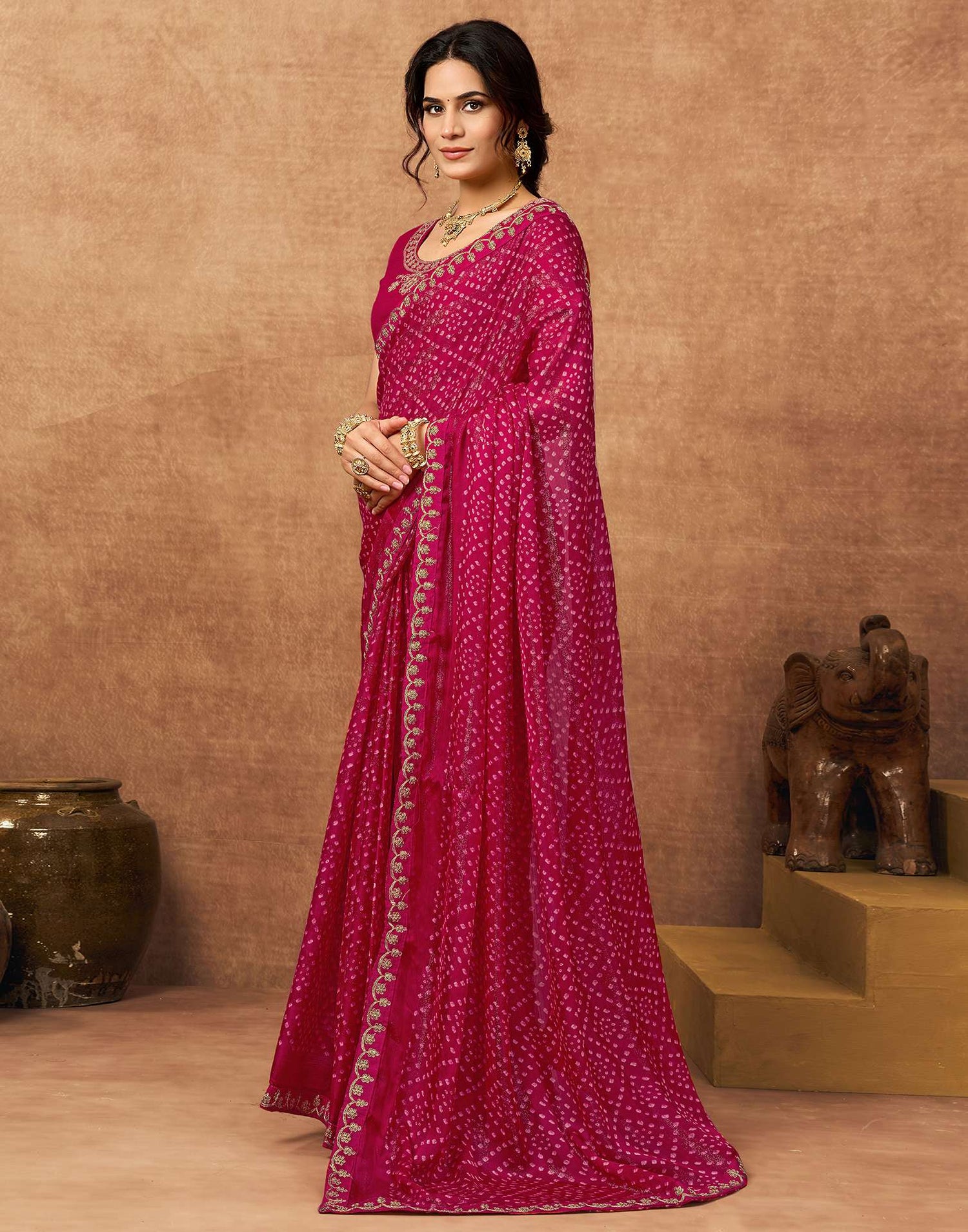Pink Chiffon Bandhani Printed Lace Saree