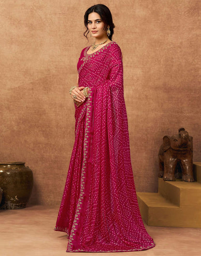 Pink Chiffon Bandhani Printed Lace Saree