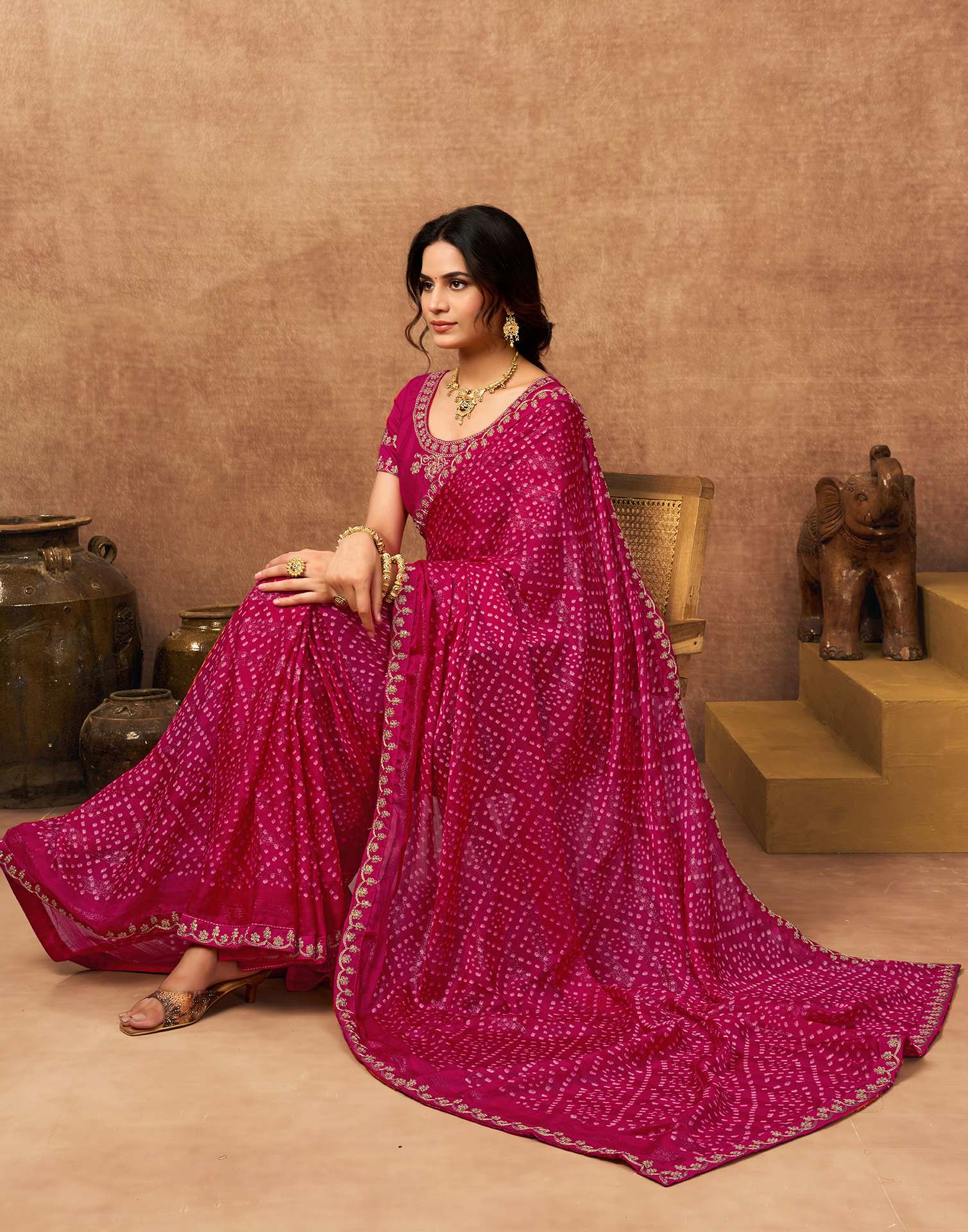 Pink Chiffon Bandhani Printed Lace Saree
