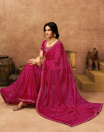 Pink Chiffon Bandhani Printed Lace Saree