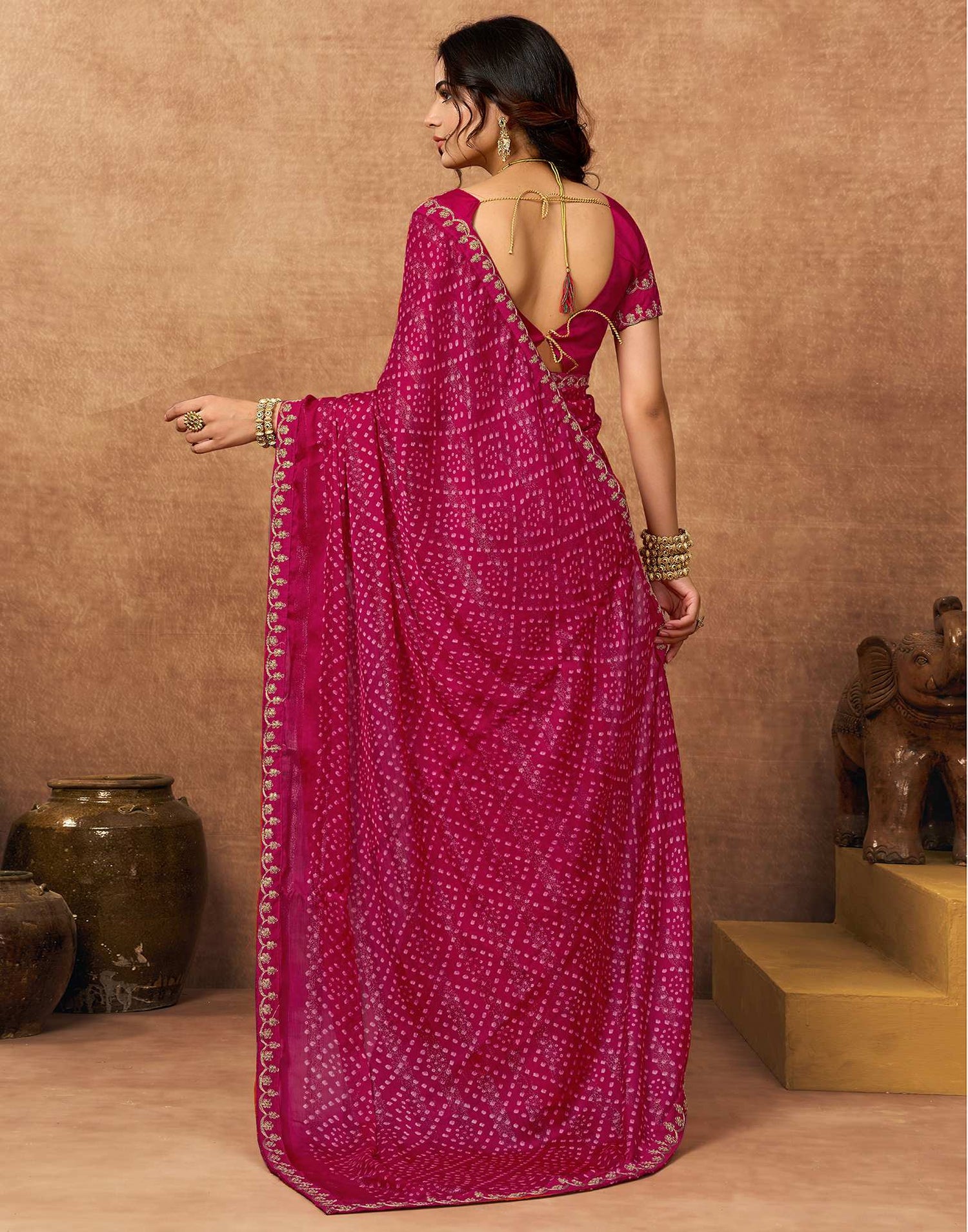 Pink Chiffon Bandhani Printed Lace Saree