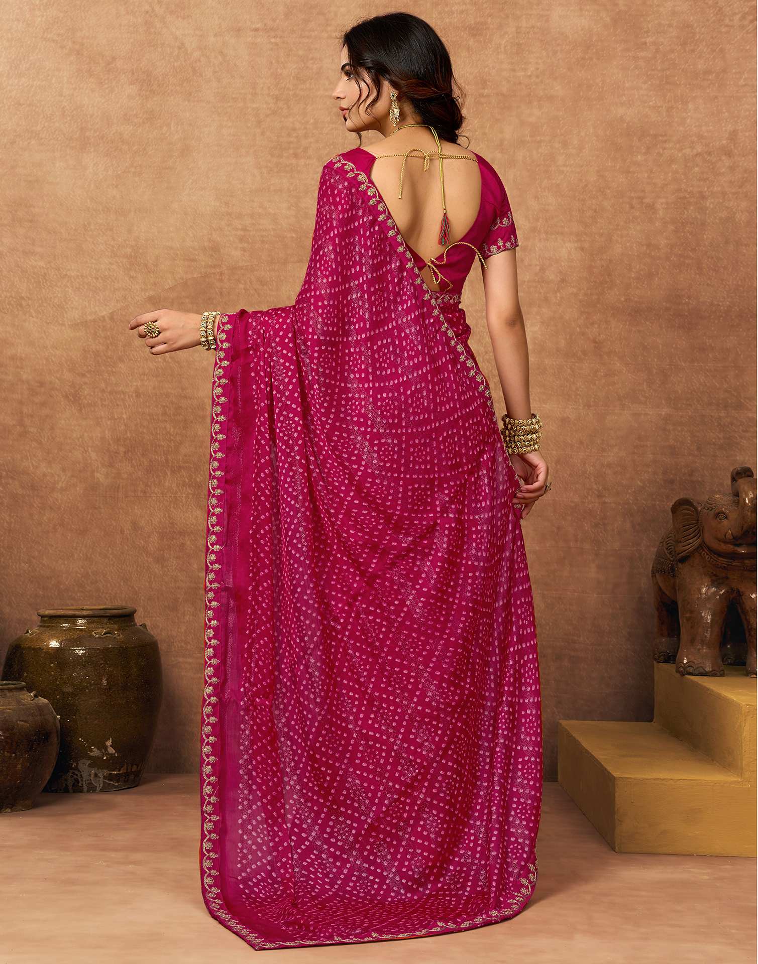 Pink Chiffon Bandhani Printed Lace Saree