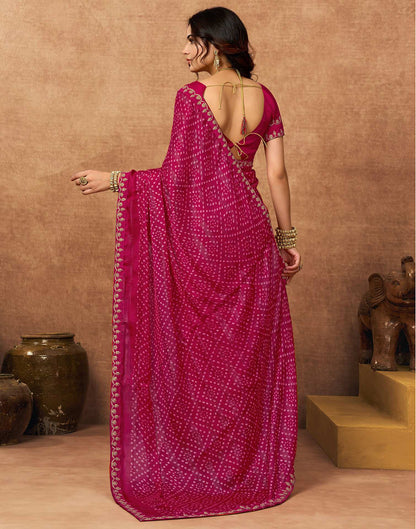 Pink Chiffon Bandhani Printed Lace Saree