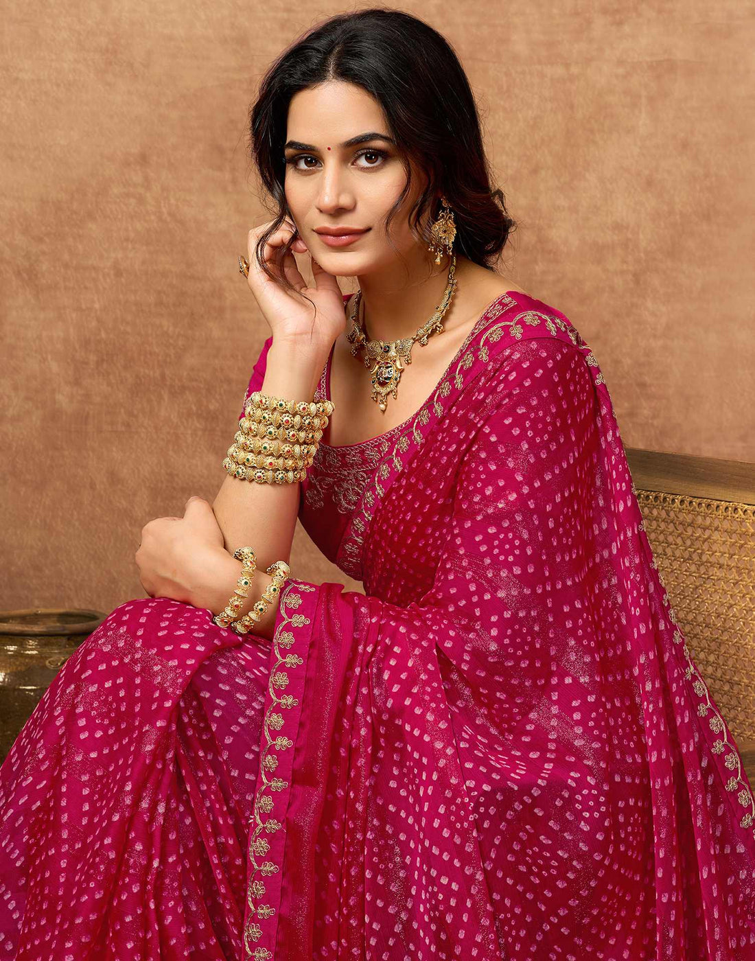 Pink Chiffon Bandhani Printed Lace Saree