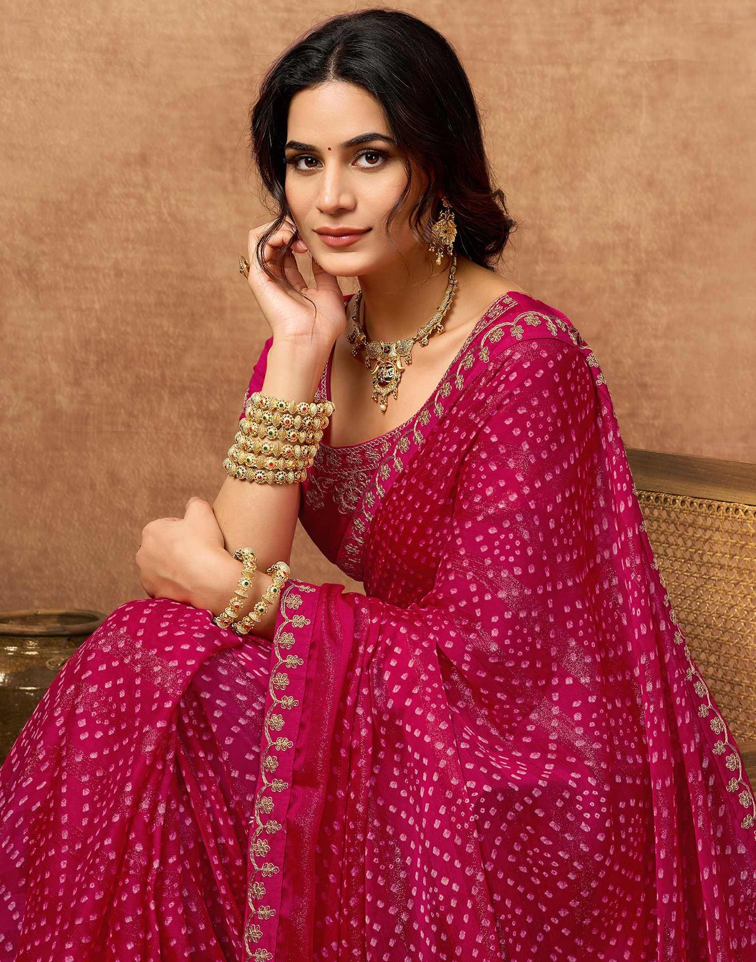 Pink Chiffon Bandhani Printed Lace Saree