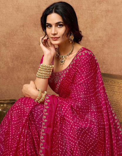 Pink Chiffon Bandhani Printed Lace Saree
