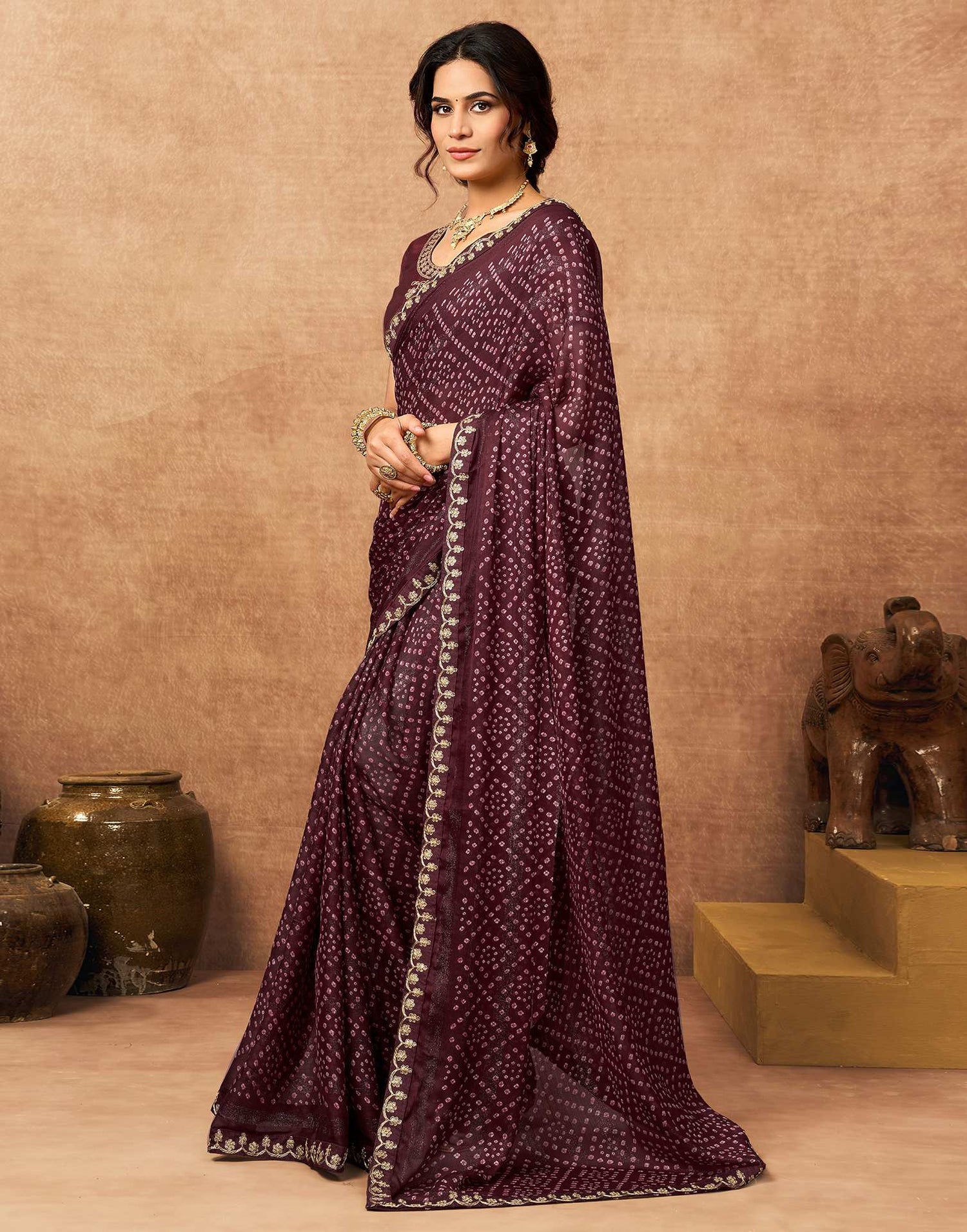 Dark Maroon Chiffon Bandhani Printed Lace Saree
