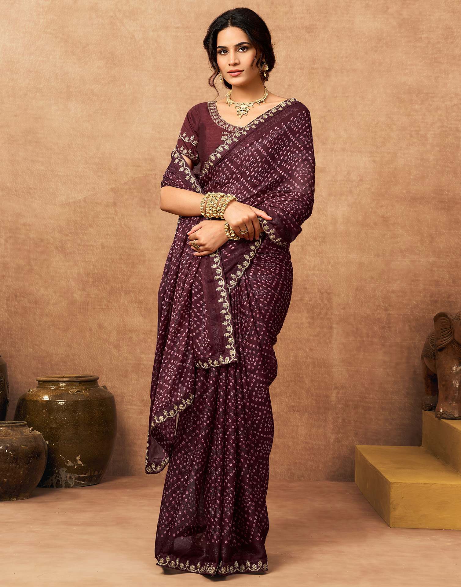 Dark Maroon Chiffon Bandhani Printed Lace Saree