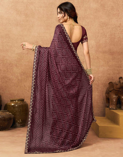 Dark Maroon Chiffon Bandhani Printed Lace Saree