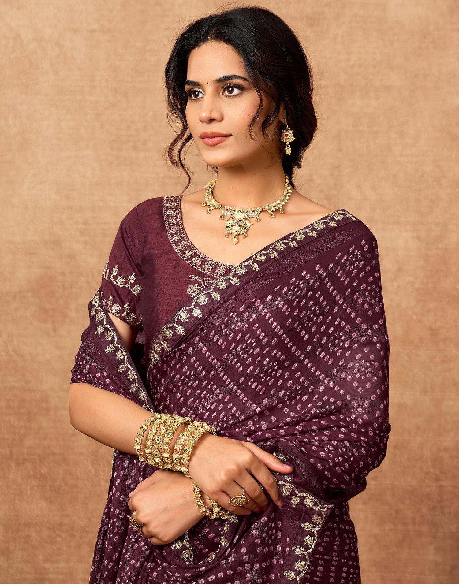 Dark Maroon Chiffon Bandhani Printed Lace Saree