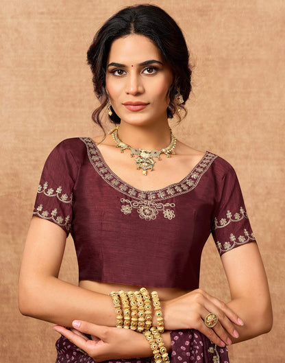 Dark Maroon Chiffon Bandhani Printed Lace Saree