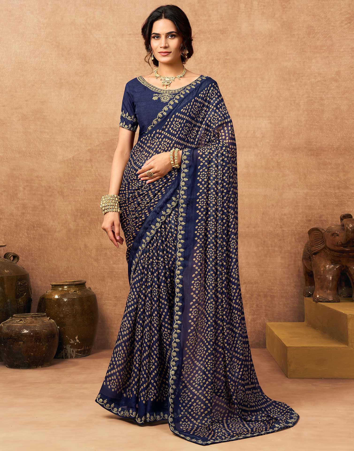 Navy Blue Chiffon Bandhani Printed Lace Saree