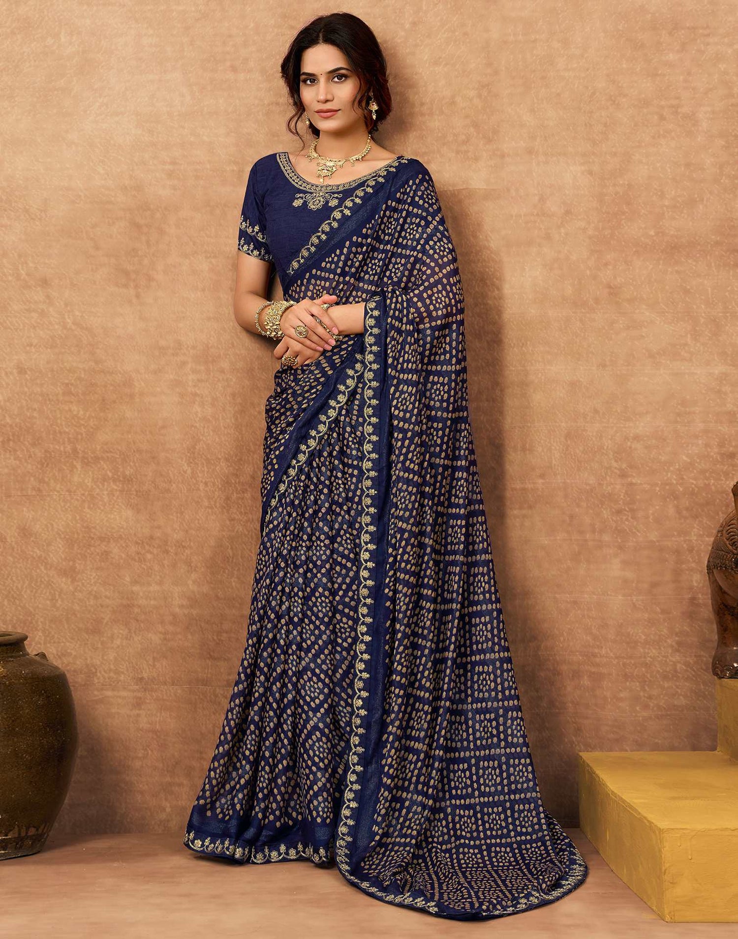 Navy Blue Chiffon Bandhani Printed Lace Saree