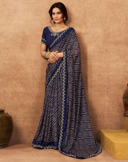 Navy Blue Chiffon Bandhani Printed Lace Saree