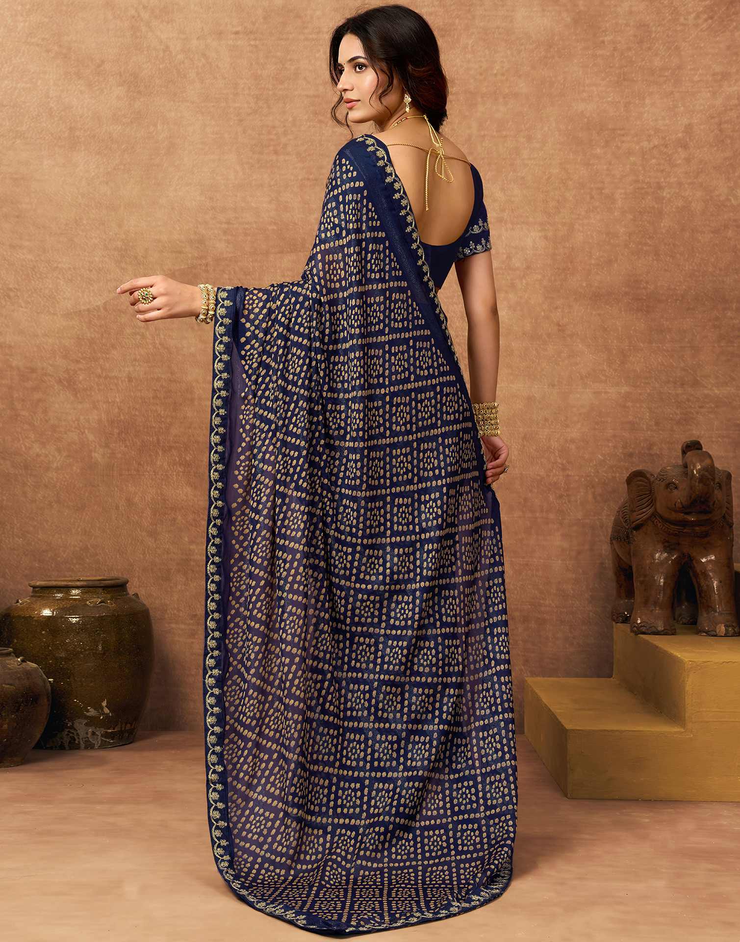 Navy Blue Chiffon Bandhani Printed Lace Saree