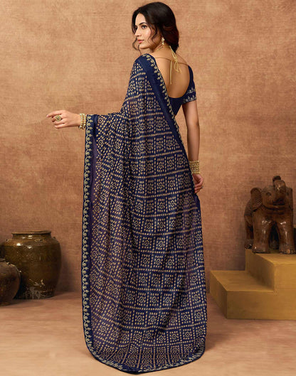 Navy Blue Chiffon Bandhani Printed Lace Saree