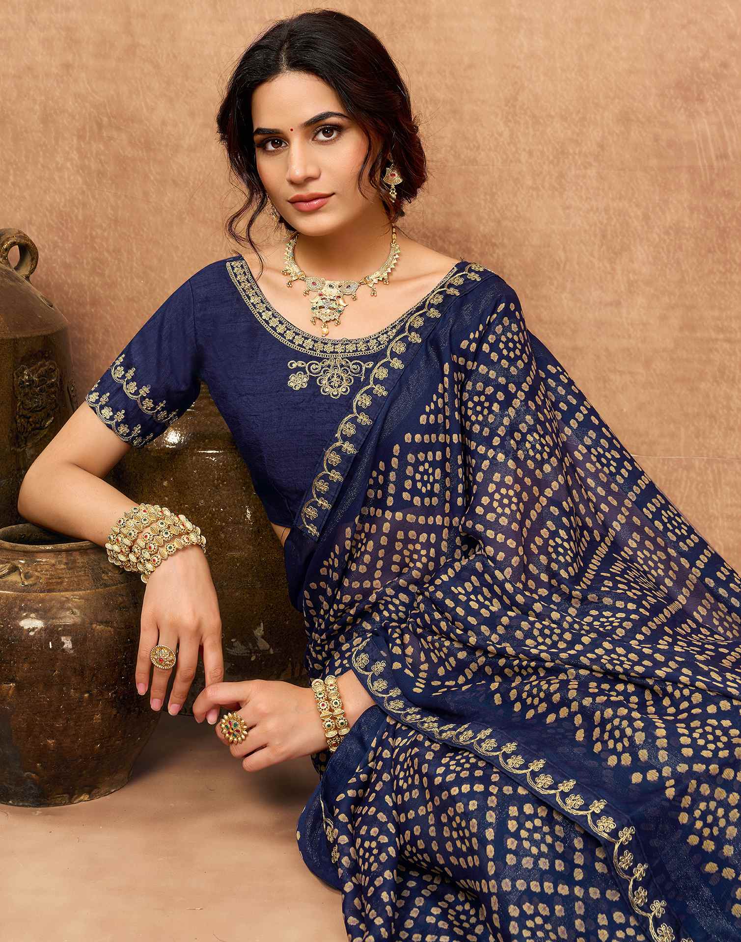 Navy Blue Chiffon Bandhani Printed Lace Saree