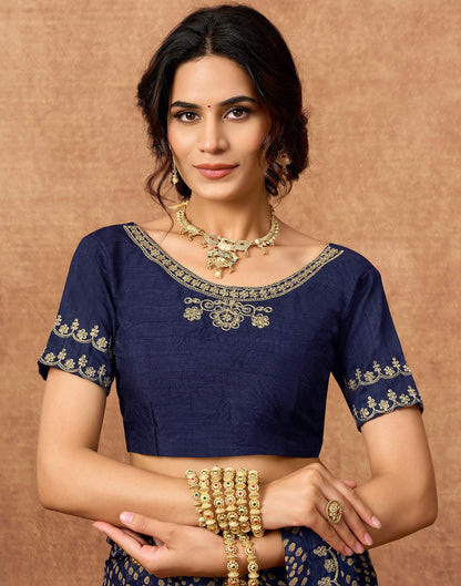 Navy Blue Chiffon Bandhani Printed Lace Saree