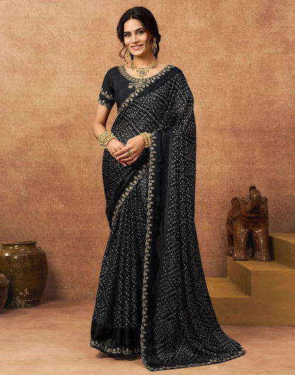 Black Chiffon Bandhani Printed Lace Saree