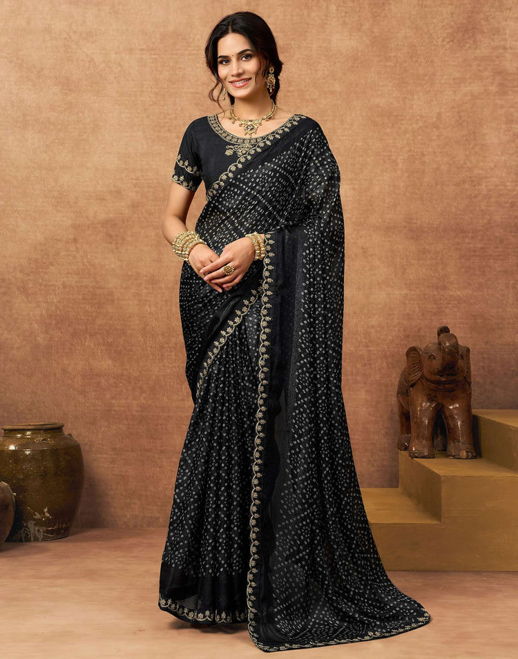 Black Chiffon Bandhani Printed Lace Saree